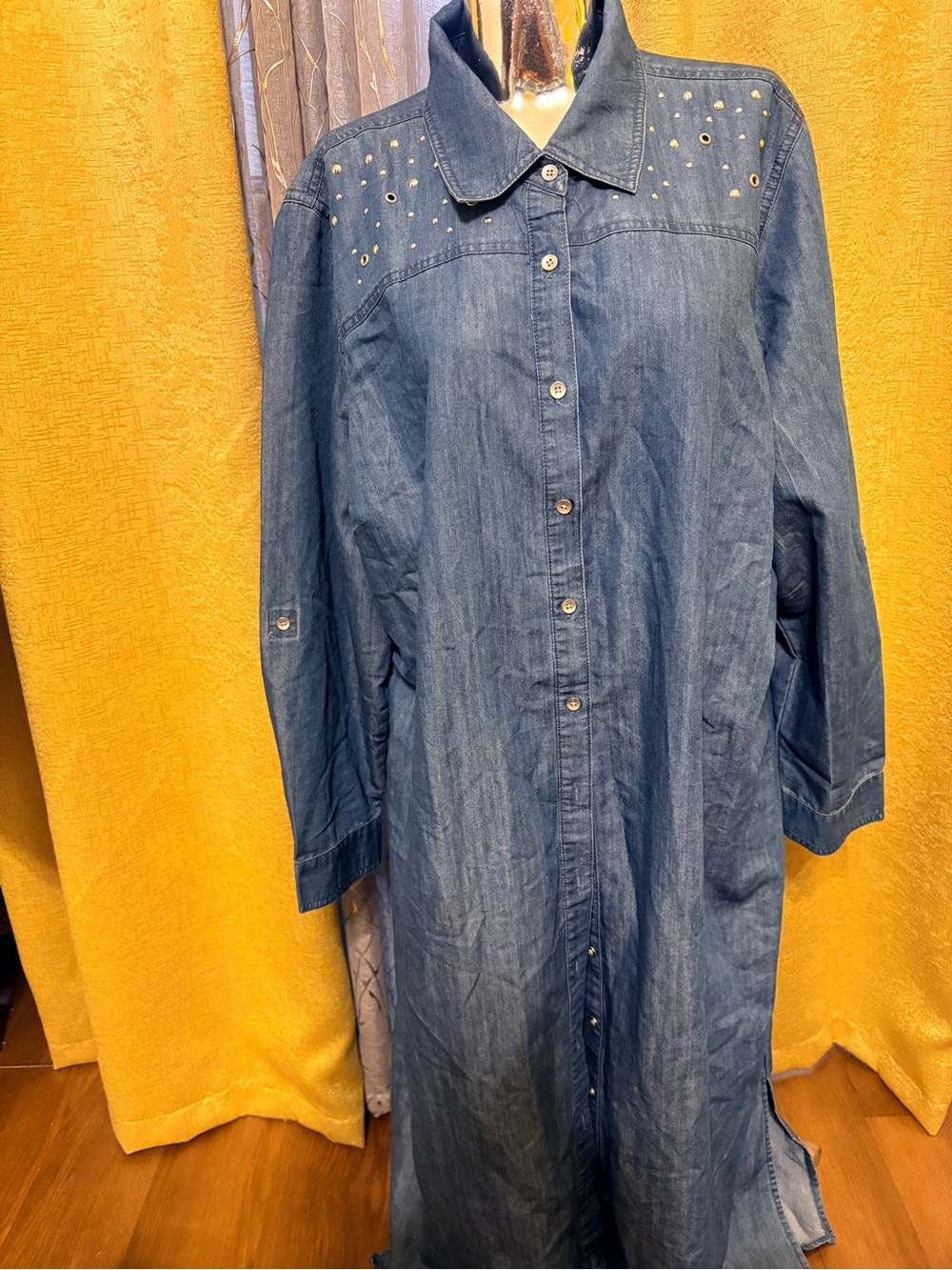 Denim Shirt Dress/Duster  with Eyelet Detail - Blue